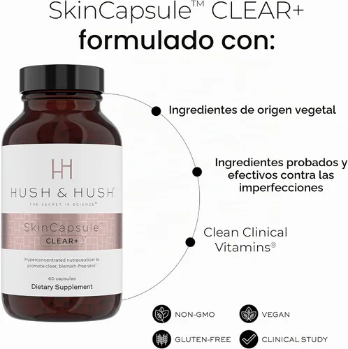Vista 2 de Hush & Hush Suplementos para el acné para una piel clara – Fórmula clínicamente probada para reducir brotes e imperfecciones – Apoya el equilibrio