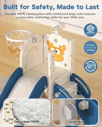 Vista 3 de BIERUM Tobogán para niños, juego de 6 en 1 para interiores y exteriores con aro de baloncesto, juego de golf y telescopio, juego de tobogán y Azul