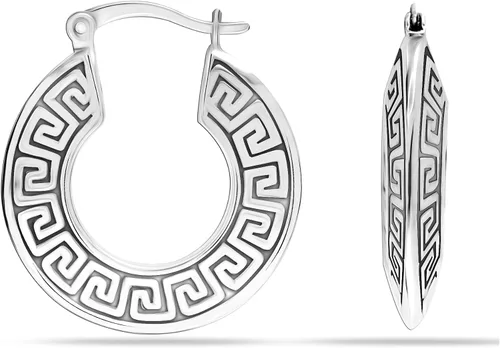Vista 12 de LeCalla Aretes de aro de plata de ley 925 con llave griega, ligeros, con parte superior de clic, patrón de corte de pared griega para mujer Pared