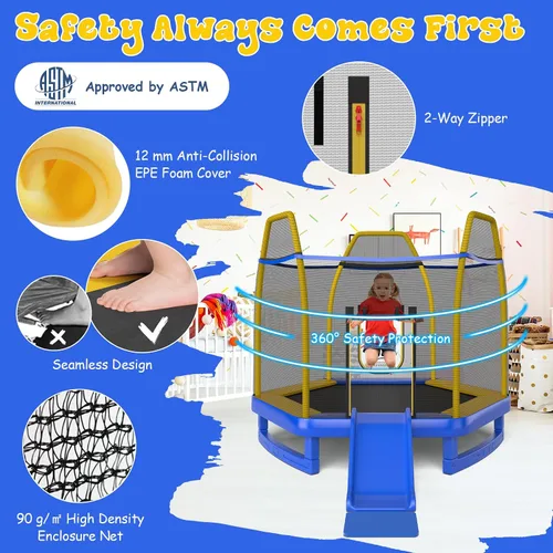 Vista 4 de Giantex - Trampolín para niños de 7 pies con escalera, tobogán, pelotas marinas, trampolín recreativo aprobado por ASTM con red y cubierta de resorte