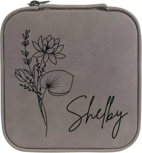 Vista 104 de Joyero de flores de nacimiento personalizado Estuche de viaje (cuero crudo, abril - guisante dulce)