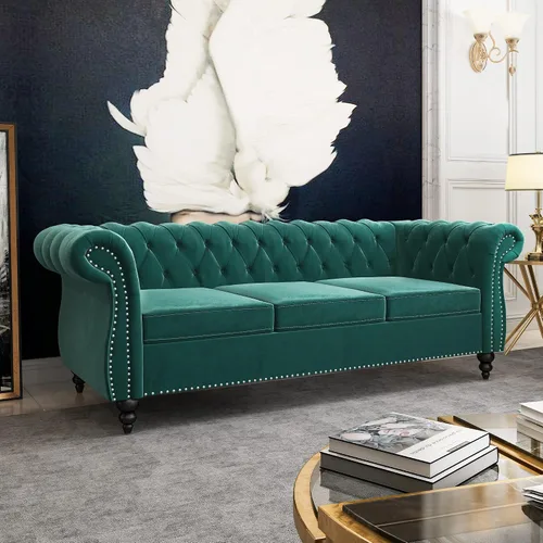 Vista 9 de QHITTY Sofá grande Accent, sofá Chesterfield de 3 plazas moderno de cuero, sofá tapizado con respaldo copetudo para muebles de sala de estar (negro)