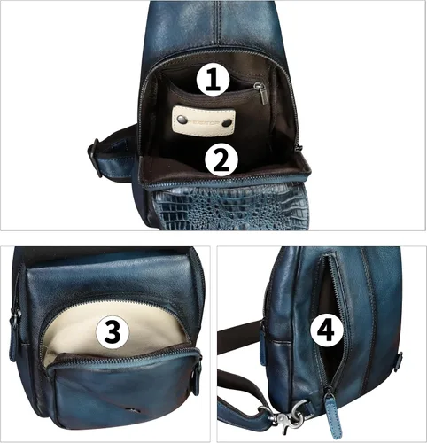 Vista 3 de Bolso de cuero genuino para hombres y mujeres en relieve de piel de cocodrilo honda mochila bandolera de pecho, Azul marino