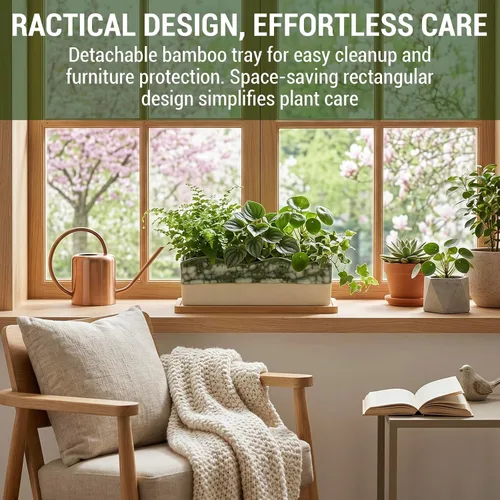 Vista 3 de MyGift Maceta rectangular para suculentas - Maceta decorativa de cerámica beige y verde glaseada con bandeja de bambú extraíble