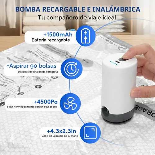 Vista 3 de Bolsas de vacío para viajes con bomba recargable, 3 tamaños de bolsas de sellado al vacío para ropa, bolsas de viaje de compresión al vacío