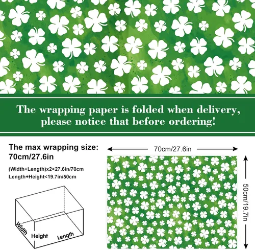 Vista 2 de Whaline 12 hojas de papel de regalo del día de San Patricio, papel de regalo de trébol de acuarela, papel de arte verde a granel, plegado plano
