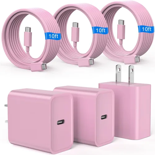 Vista 10 de Cargador de carga rápida para iPhone 16 y 15, paquete de 3 cargadores USB C PD de 20 W con cable de 10 pies, cable USB C tipo C para iPhone 16/16