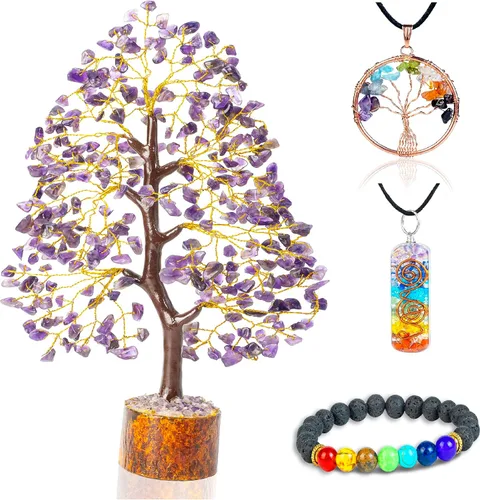 Vista 14 de Árbol de la vida de los siete chakras con cristales con pulsera y 2 colgantes – Decoración de bonsái Feng Shui con cristales curativos, regalos