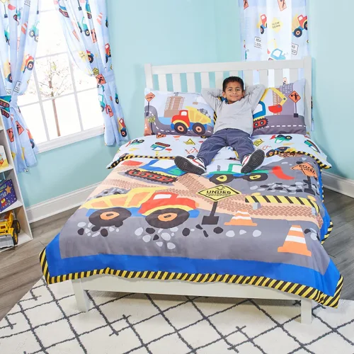 Vista 7 de EVERYDAY KIDS Edredón de cama tamaño individual/matrimonial para niños pequeños con camiones volquete y excavadoras; ropa de cama para niños