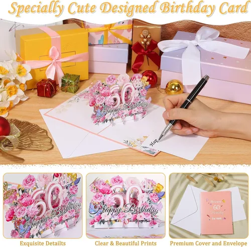 Vista 5 de Tarjeta desplegable de 60 cumpleaños para ella, tarjeta de felicitación desplegable de feliz 60 cumpleaños para mujeres, hermosa tarjeta