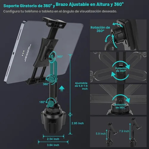 Vista 5 de Cup Holder Car Tablet Mount, Universal 360° Rotation Adjustable Long Arm Holder Stand for iPad Pro 12.9/11/10.5/9.7/Air/Mini 6/5/4, Galaxy Tab/Z