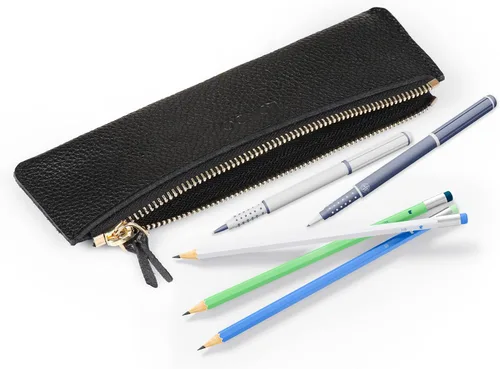 Vista 3 de Londo Estuche para bolígrafos y lápices de piel de vaca genuina con cremallera, soporte delgado para pluma estilográfica, bolsa para lápices Negro