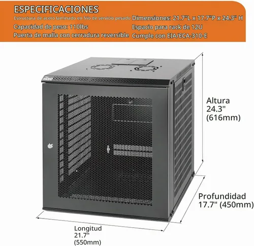 Vista 2 de Tecmojo Gabinete de red para montaje en pared de 12U para equipos de TI de 19 pulgadas, con puerta de malla con cerradura y paneles laterales
