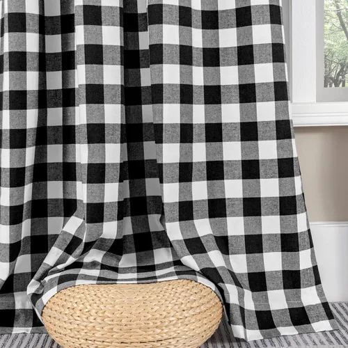 Vista 6 de Melodieux Buffalo - Cortinas a cuadros para sala de estar, dormitorio, estilo granja, estilo guingán, con textura de algodón, con bolsillo para Negro
