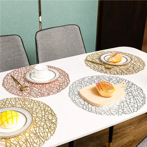 Vista 7 de Manteles individuales redondos dorados para mesa de comedor, juego de 6 manteles individuales metálicos con líneas huecas circulares de vinilo