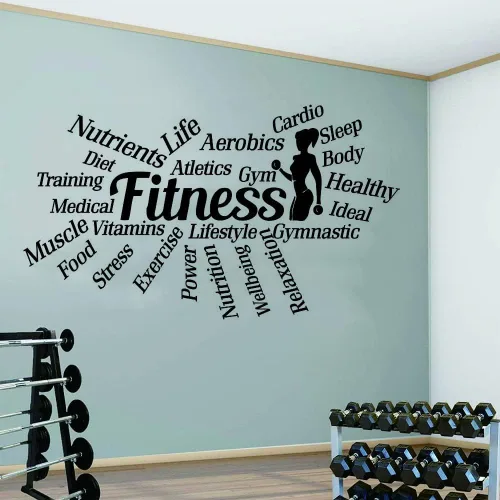 Vista 5 de Calcomanía de pared de fitness, 18 x 33 pulgadas, calcomanía motivacional de PVC con palabras como entrenamiento, alimentos, potencia, sueño