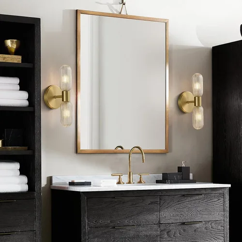 Vista 2 de Aplique de pared de latón cepillado, doble cristal moleteado, bombilla incluida 12.3in 2-Light Hardwired Wall Light,Perfect for Bathroom Living