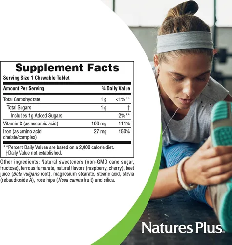 Vista 5 de Pastillas masticables de hierro con vitamina C Nature's Plus, 90 unidades, 97467034211, 1, 1