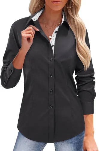 Vista 11 de siliteelon Camisas con botones para mujer, camisas de vestir de algodón de manga larga para mujer, sin arrugas, blusa de trabajo elástica