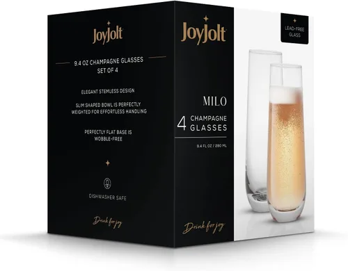 Vista 4 de JoyJolt Milo Copas de champán sin tallo, juego de 4 vasos de cristal. 9.4 onzas. Juego de copas de champán. Copas de vino prosecco, juego de copas