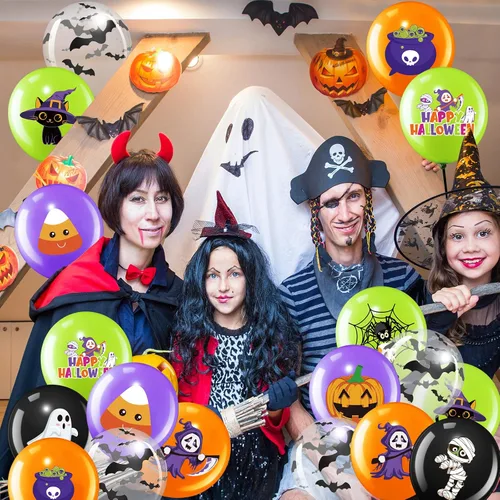 Vista 5 de Decoración de 50 globos de Halloween, adorables globos de látex de calabaza y araña espeluznante, fiesta de primer cumpleaños, suministros de ducha