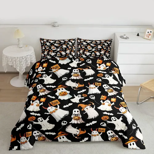 Vista 32 de Lindo juego de edredón de murciélago tamaño Queen con diseño de animales de Feliz Halloween, 3 piezas para decoración de habitación de niños