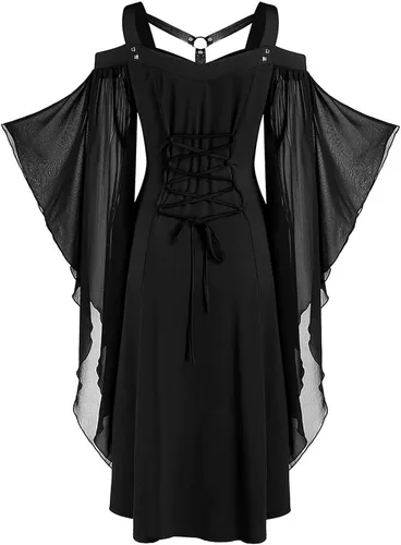 Vista 2 de YZHM Vestido medieval gótico para mujer, vestido renacentista con hombros descubiertos, manga acampanada, vestido pirata campesino, vestido