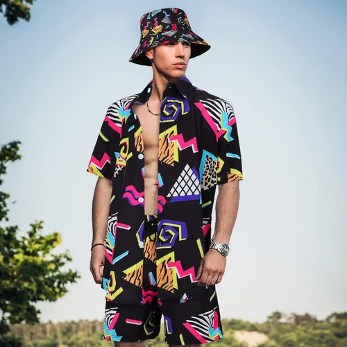 Vista 5 de Conjunto de 2 piezas de camisa y pantalones cortos retro de los años 80 y 90 con sombrero, trajes de playa hawaianos para hombres, fiesta