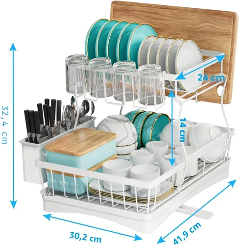Vista 3 de 7 code - Escurridor grande de platos, escurridor de 2 niveles para mostrador de cocina, organizador desmontable de escurridor de platos de gran