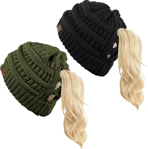 Vista 23 de Funky Junque - Gorro de coleta para mujer – Gorro de invierno con cola de caballo cruzada para mujer, cálidos y lindos gorros de punto con cola