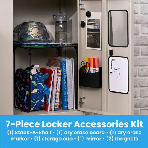 Vista 3 de LockerMate Kit organizador de casillero de 7 piezas, incluye estante de casillero, espejo, pizarra blanca, taza de almacenamiento y marcador de Negro
