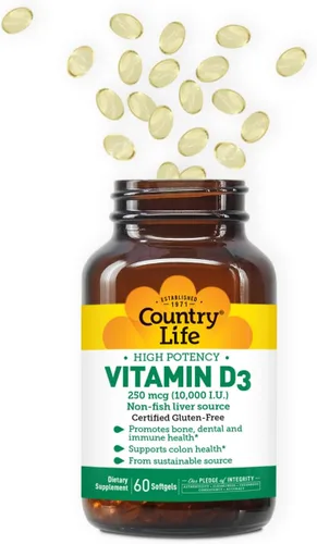 Vista 4 de Country Life Vitamina D3 10,000 UI - Fuente de alta potencia, sin pescado Apoyo para la salud ósea, inmune y de colon 60 cápsulas blandas