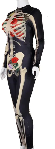 Vista 3 de Disfraz de esqueleto de calavera para mujer, overol de una pieza para Halloween
