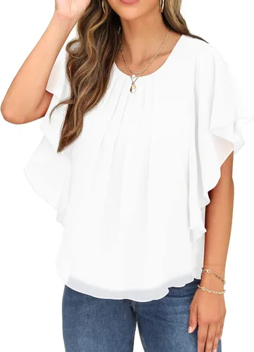 Vista 2 de QIXING Blusas de gasa con cuello redondo y cuello redondo de verano para mujer