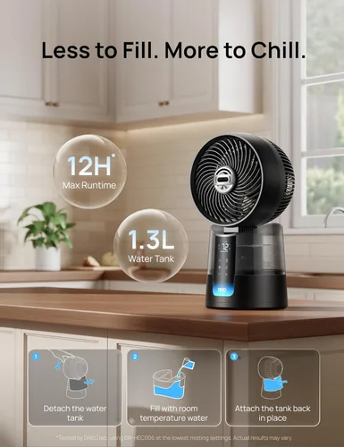 Vista 6 de DREO TurboCool Ventilador de nebulización 516, oscilación omnidireccional de 150°+30°, ventilador de enfriamiento de escritorio de caída de 5 ℉