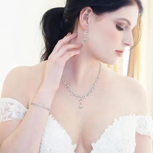 Vista 3 de BriLove Juego de joyas para mujer, diseño de lágrima brillante con circonita cúbica, collar y aretes colgantes de hoja, para novia, dama de honor