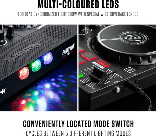 Vista 4 de Numark Party Mix Live DJ Controller con altavoces, luces, 2 cubiertas, mezclador, interfaz de audio y Serato Lite