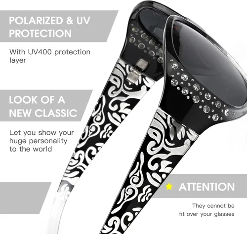 Vista 4 de LVIOE Gafas de sol polarizadas para mujer gafas de sol envolventes con diamantes de imitación con lente de protección UV LS008