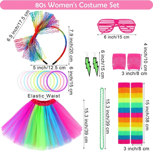 Vista 2 de SOMSOC Juego de accesorios de Halloween para disfraz de los años 80 de 18 piezas, incluye tutú, diadema, collar, guantes, anteojos, calentadores
