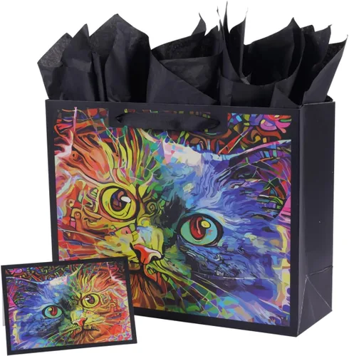 Vista 6 de ysmile Bolsa de regalo negra con bolsa de papel boutique con asa de gran tamaño para mujeres y hombres de 15.7 pulgadas - gato