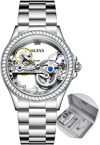 Vista 6 de OLEVS Reloj de mujer con diseño de esqueleto, mecánico automático, plateado, de lujo, impermeable, luminoso, conjunto de regalo