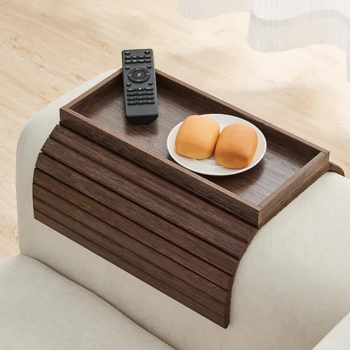 Vista 13 de GEHE Bandeja de madera de acacia para sofá, mesa auxiliar plegable para el brazo del sofá, mesa auxiliar con reposabrazos anticaídas, soporte