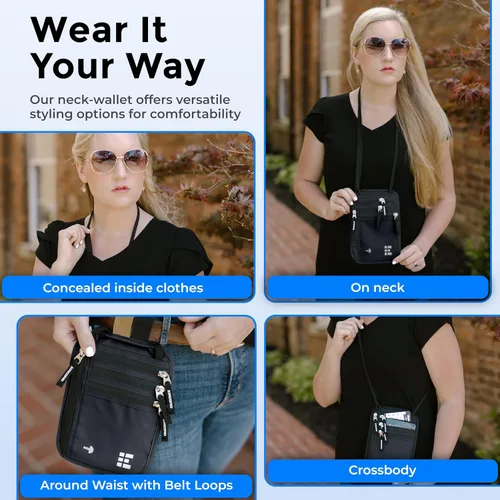 Vista 13 de Cartera para el cuello para viajes y pasaporte con bloqueo RFID, delgada y fácil de ocultar, bolsa de viaje de nailon para hombres y mujeres
