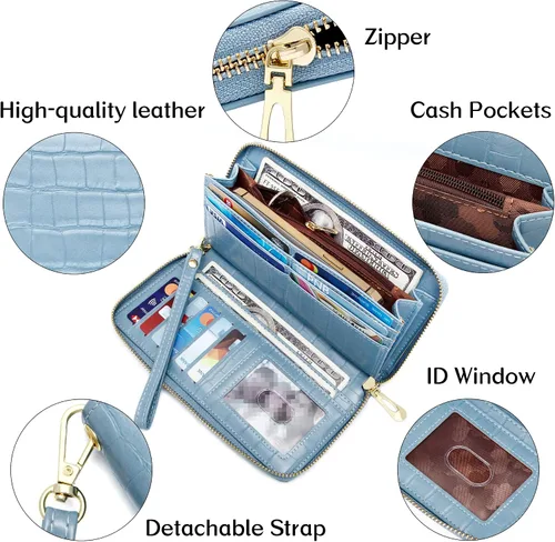 Vista 5 de Badiya Cartera para mujer con bloqueo RFID de cuero con cremallera de gran capacidad para tarjetas de crédito bolso largo Azul