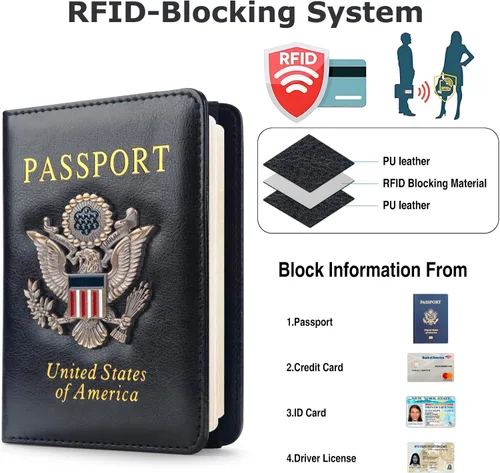 Vista 2 de Funda para pasaporte de alta calidad para viajes, con bloqueo RFID, delgada, duradera y apta para viajes, cartera para pasaporte mantiene tus