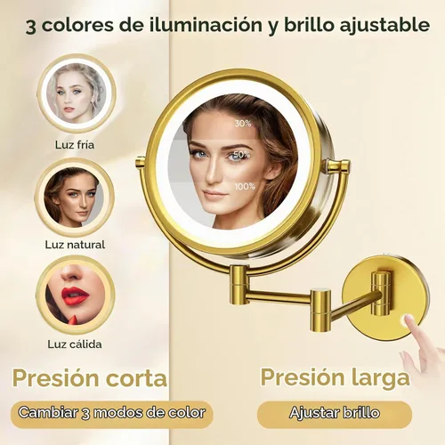 Vista 3 de GURUN - Espejo de maquillaje con aumento enchufable, montaje en pared, doble cara, dorado, 10x