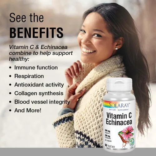 Vista 2 de SOLARAY Vitamina C y raíz de equinácea Apoyo saludable del sistema inmunológico con 500 mg de VIT C y 300 mg de equinácea por cápsula Sin OMG