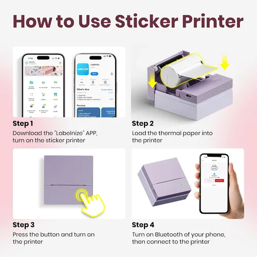 Vista 8 de Impresora de pegatinas, PM290C Mini impresora con 3 rollos de papel, púrpura