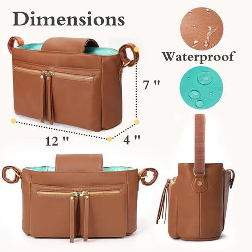 Vista 6 de MOMINSIDE Mochila para pañales, soporte organizador de cochecito con portavasos aislados, bolsa de bebé de cuero con 6 bolsillos aislados para mamá