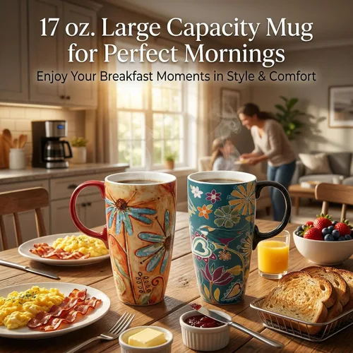 Vista 6 de Topadorn Taza de café de cerámica alta de viaje de 17 onzas con tapa sellada, juego de 2 Colorido diseño floral y de pájaros, apto para microondas